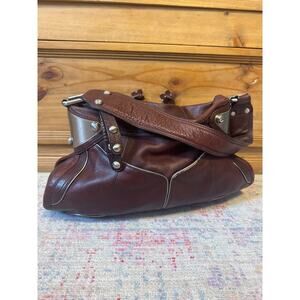 B. Makowsky Chocolate Brown Leather Sloutchy Bag Chunky Metal Hardware Studs